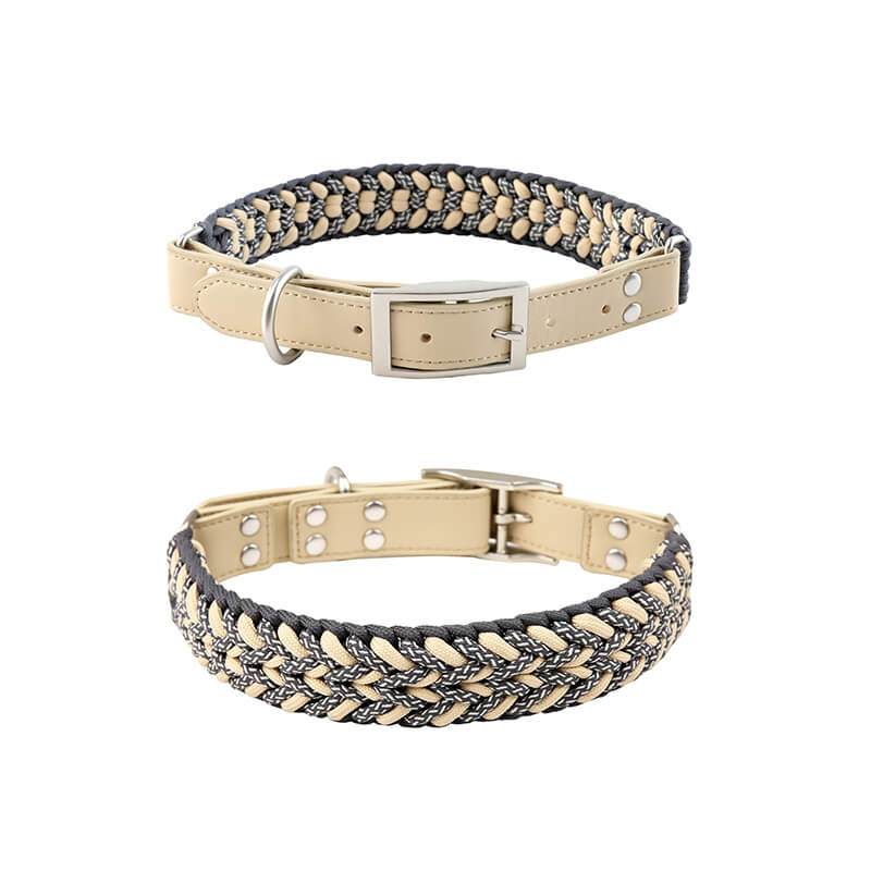 Training-focused dog collar and leash set, hand-woven hemp rope anti-pull, with stylish faux leather sections