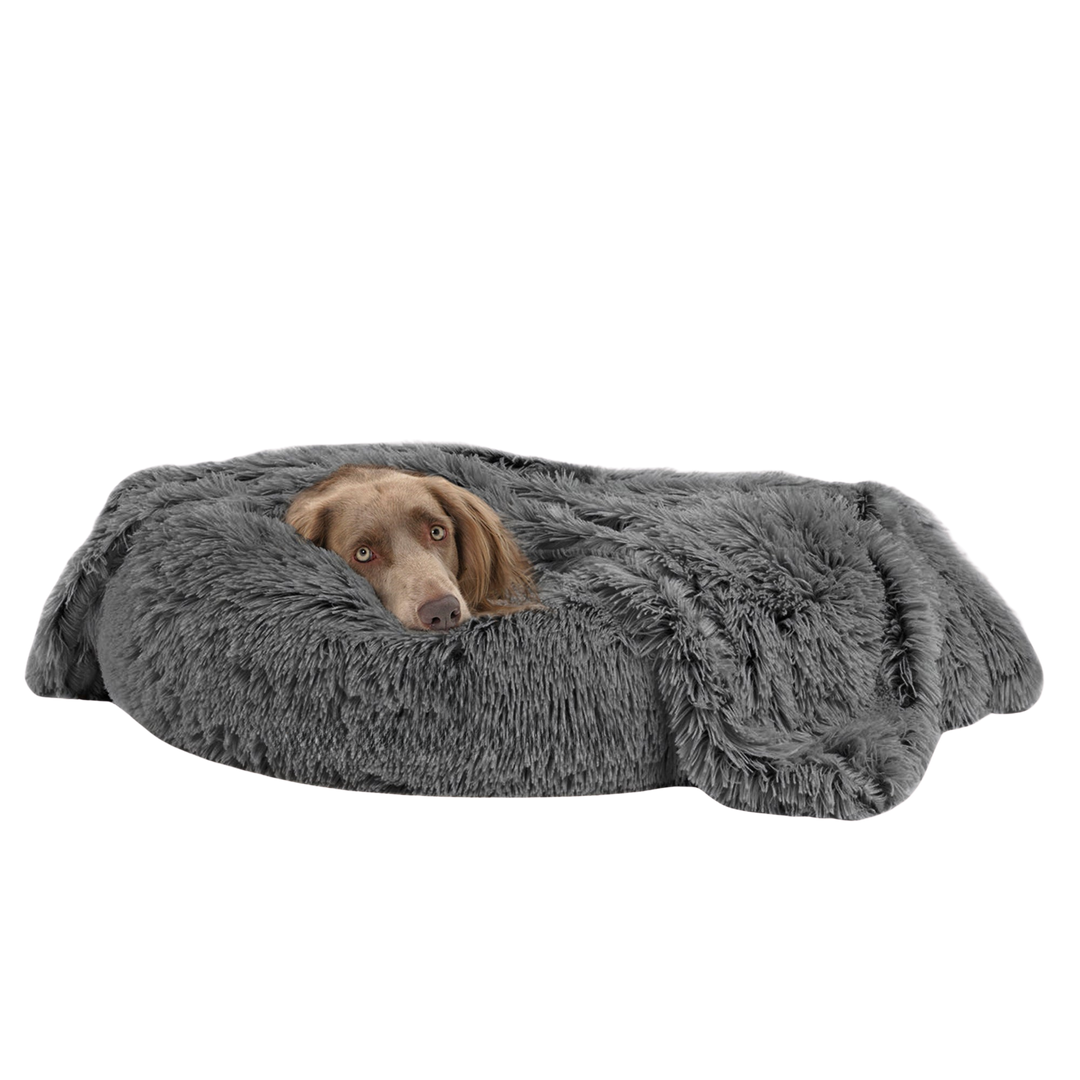 Calming pet bed, cozy dog blanket for anxiety relief with vegan fur, light grey color