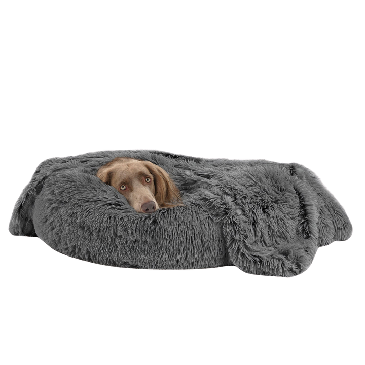 Calming pet bed, cozy dog blanket for anxiety relief with vegan fur, light grey color