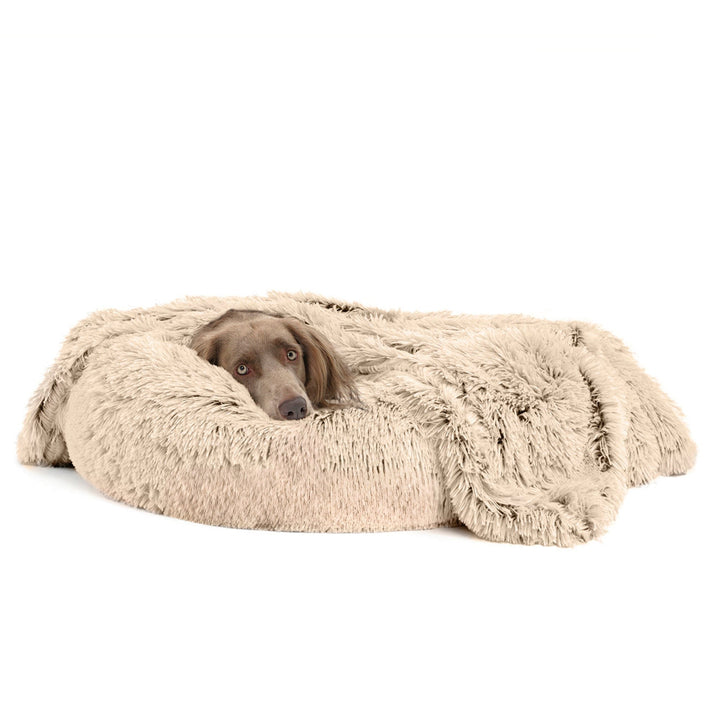 Cozy pet comfort blanket, vegan fur dog throw, ideal for anxiety relief in pets