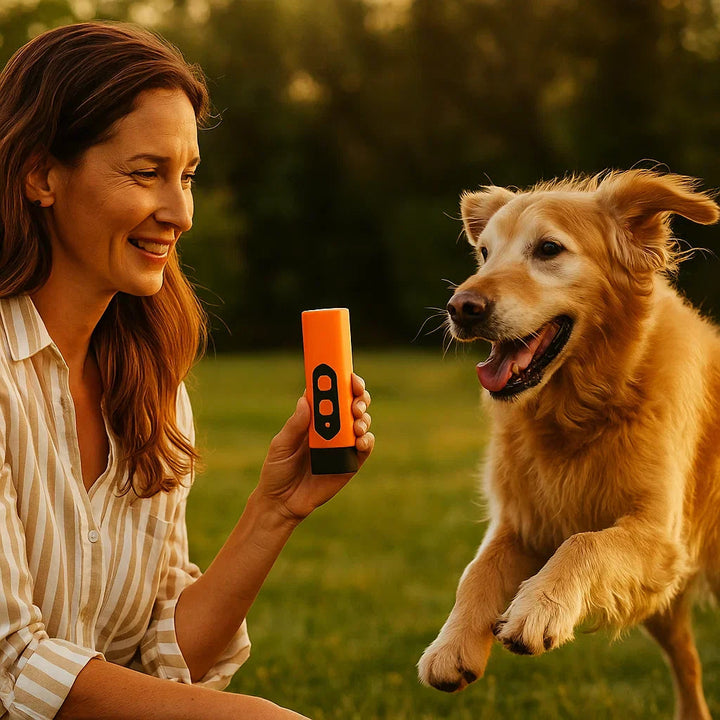 Pet owner holding sleek ultrasonic bark control device, essential dog training supply
