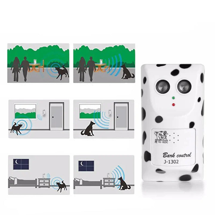 Ultrasonic bark control device, black and compact, fits in palm of a hand
