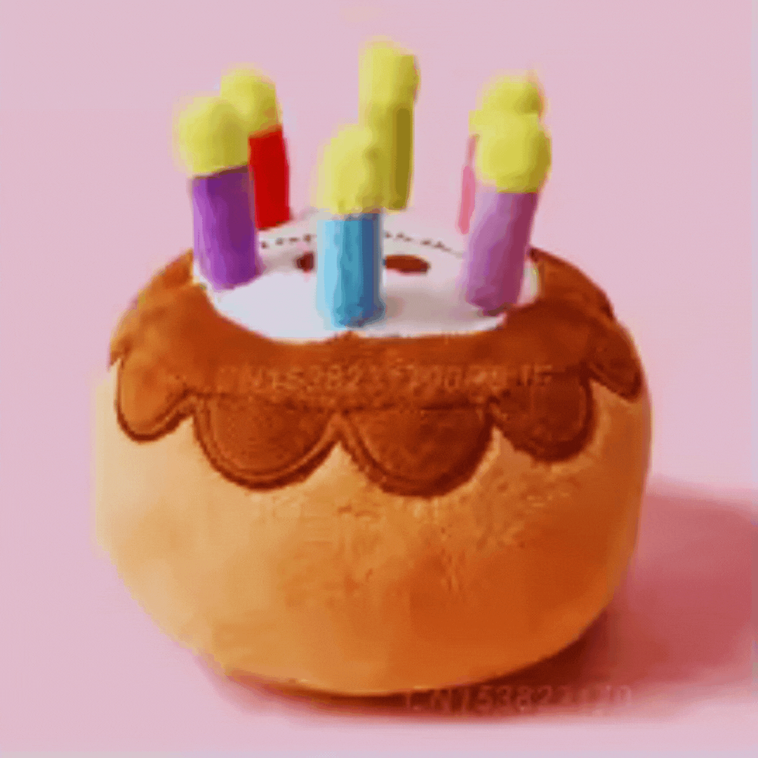 Soft plush dog toy shaped like a birthday cake with five candles, an ideal dog gift for celebration
