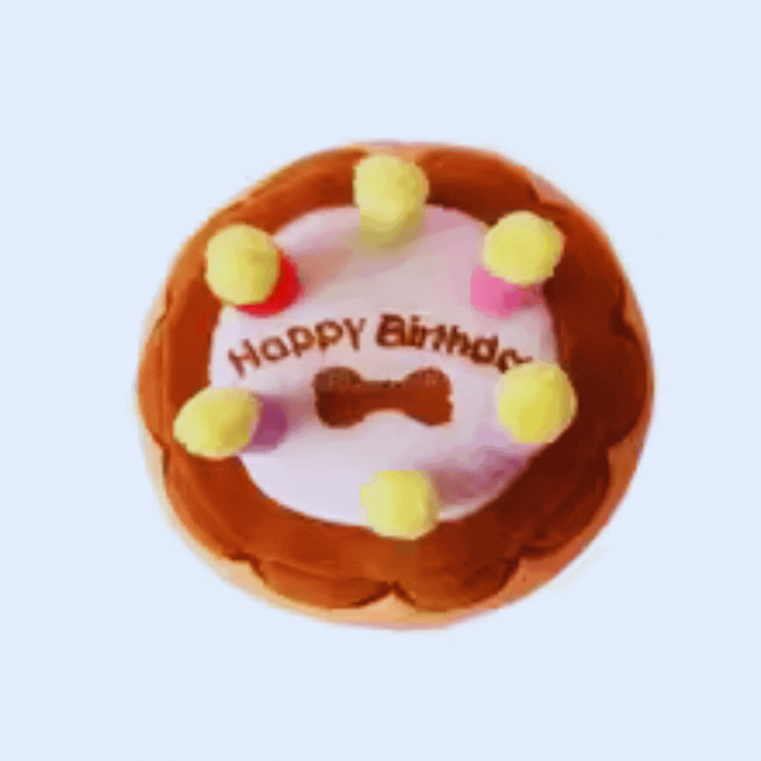 Playful dog toy: plush birthday cake for dogs with embroidered details and soft texture