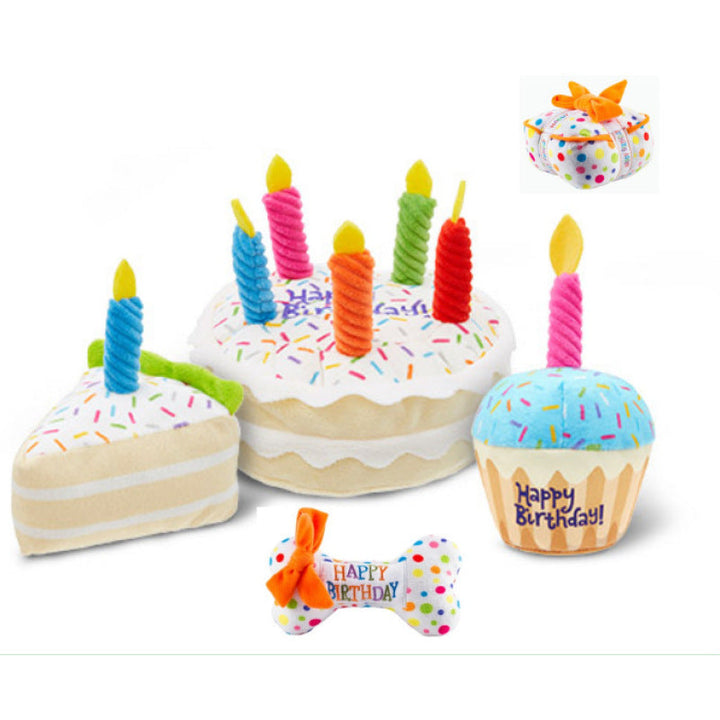 Dog birthday plush toy set with 'Happy Birthday' cake, cupcake, and bone squeakers for pups