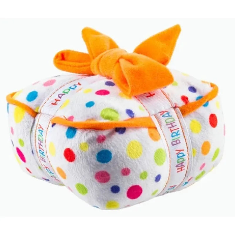 Durable plush bone dog toy with a squeaker, part of a fun birthday pet supplies set