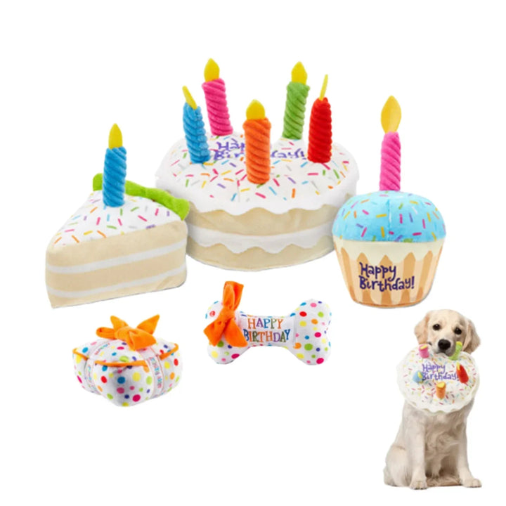 Festive dog toy set for birthdays: Plush cake, squeaky cupcake, and bone toys for playful pups