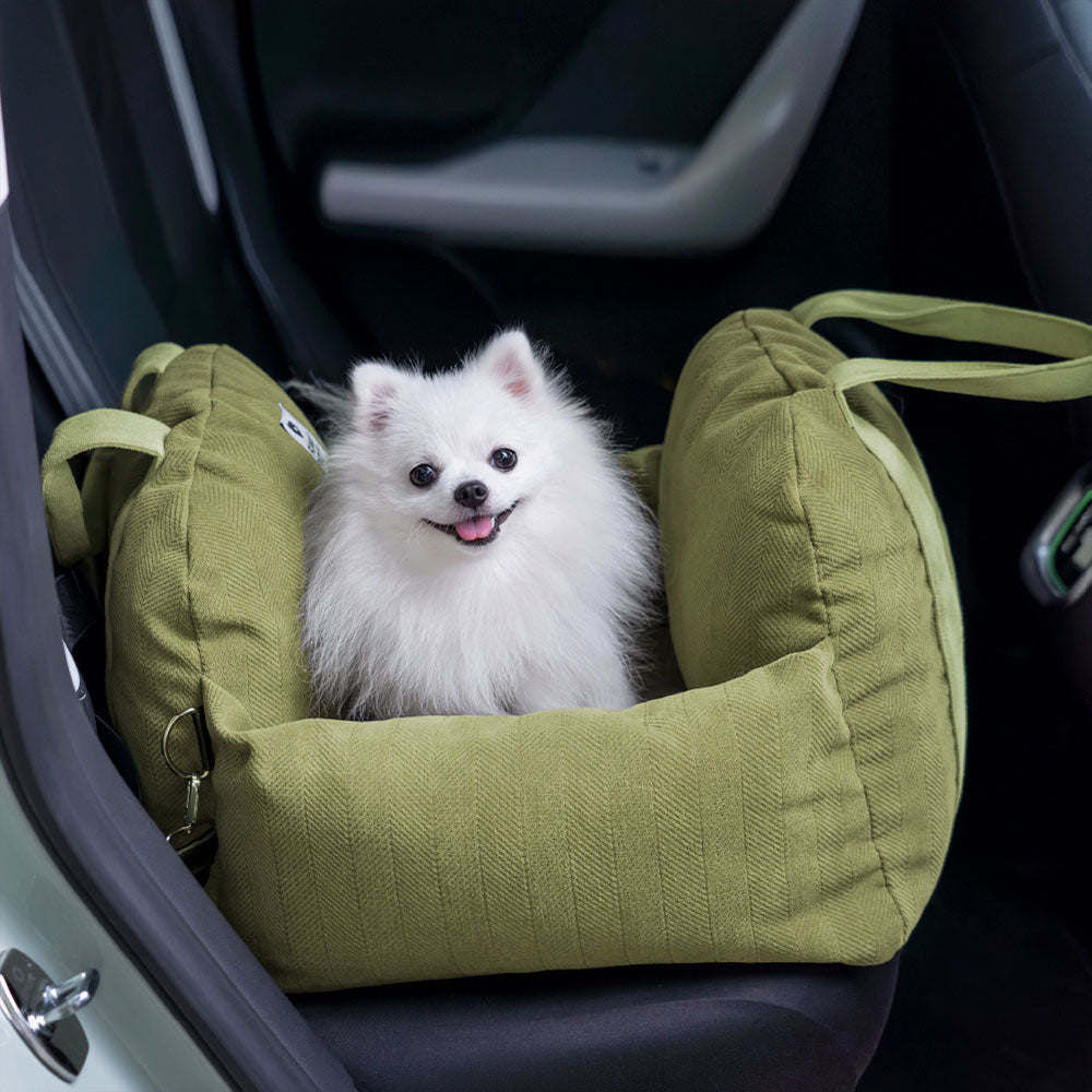 Dog bolster car seat bed in herringbone fabric for safe pet travel, comfortable puppy safety seat