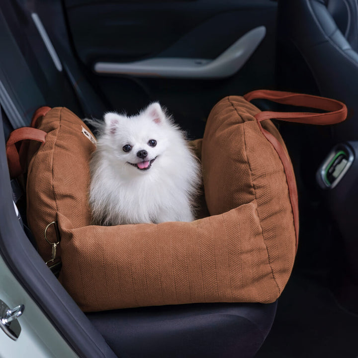 Rear angle of a dog travel bed, showing attachment straps for a securefit in car
