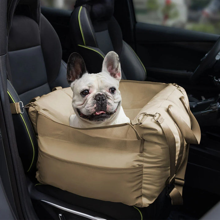 Dog booster car seat for small dog, elevated for improved view, black waterproof fabric