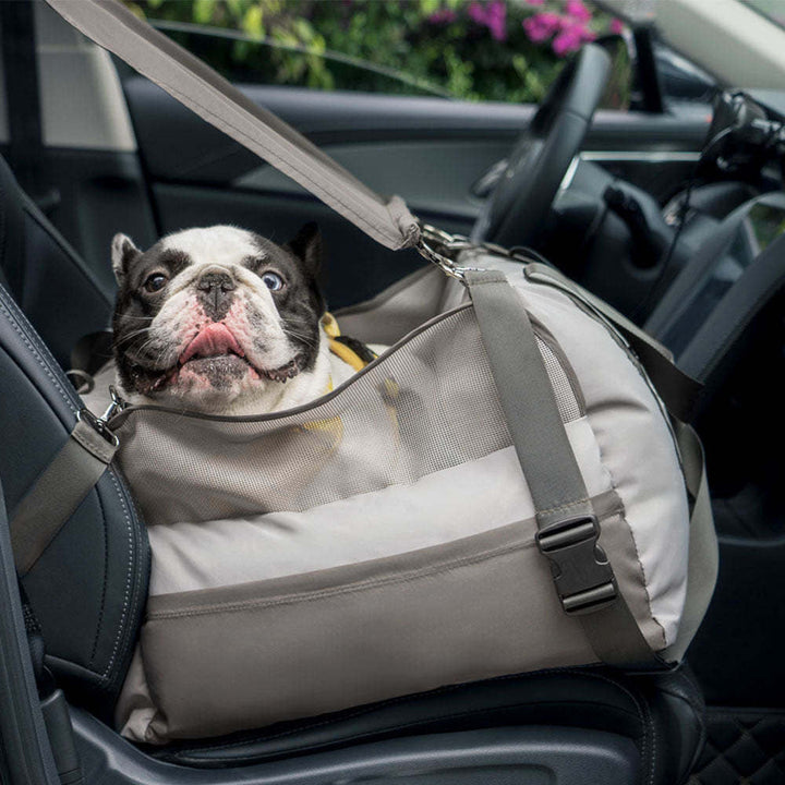 Medium dog booster car seat, elevated, offering a clear view to anxious pets