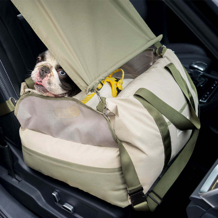 Portable dog booster seat, gray, for small dogs, enhancing pet travel safety