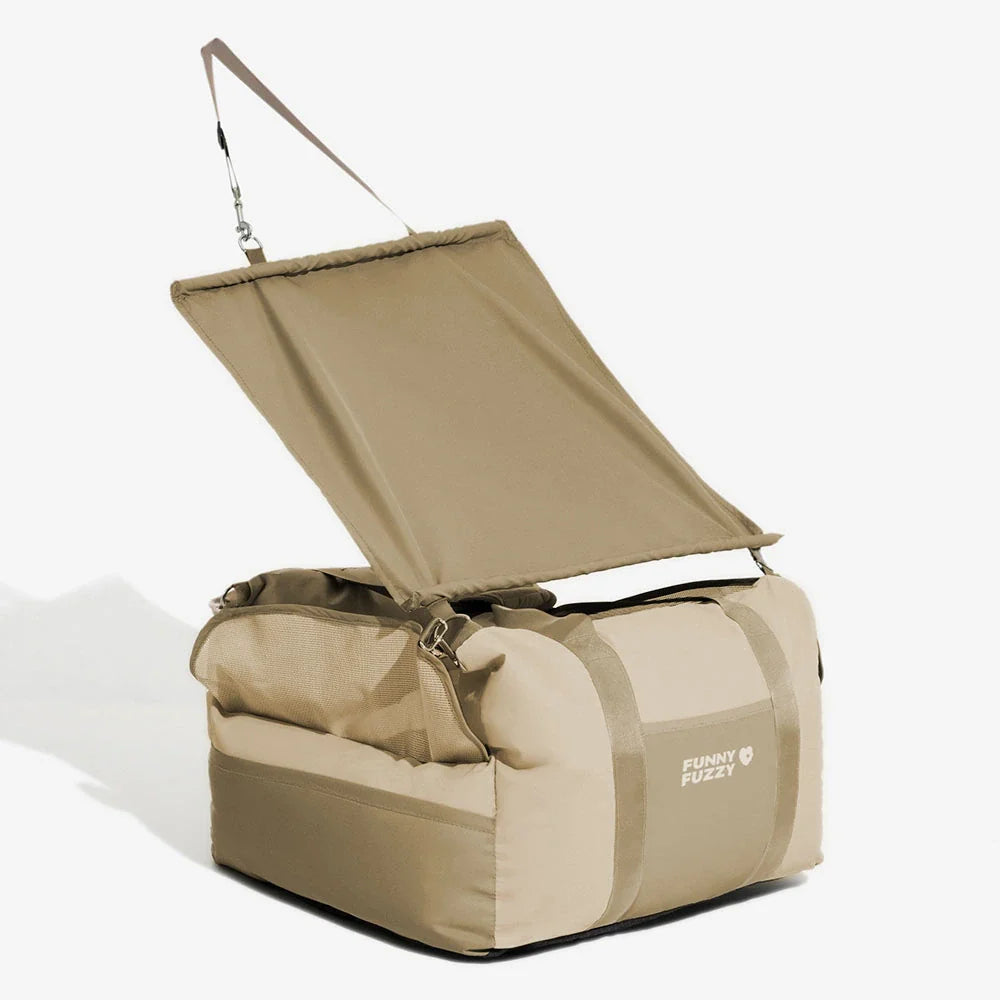 Small dog travel car seat, elevated design in gray, allowing pet to see outside
