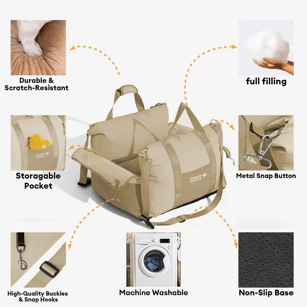 Dog car seat with waterproof lining and easy-clean material, ideal for pet travel