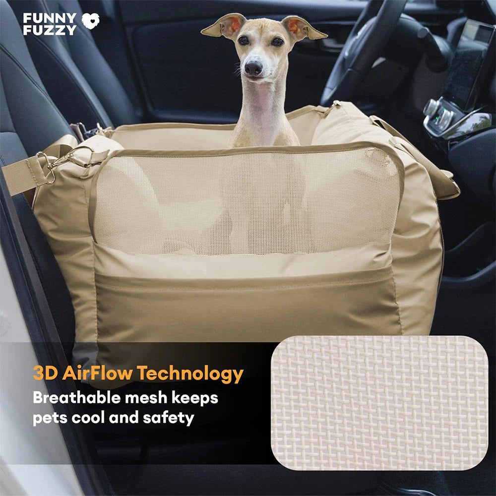 Elevated pet car seat for small dogs, providing a secure and comfortable traveling experience