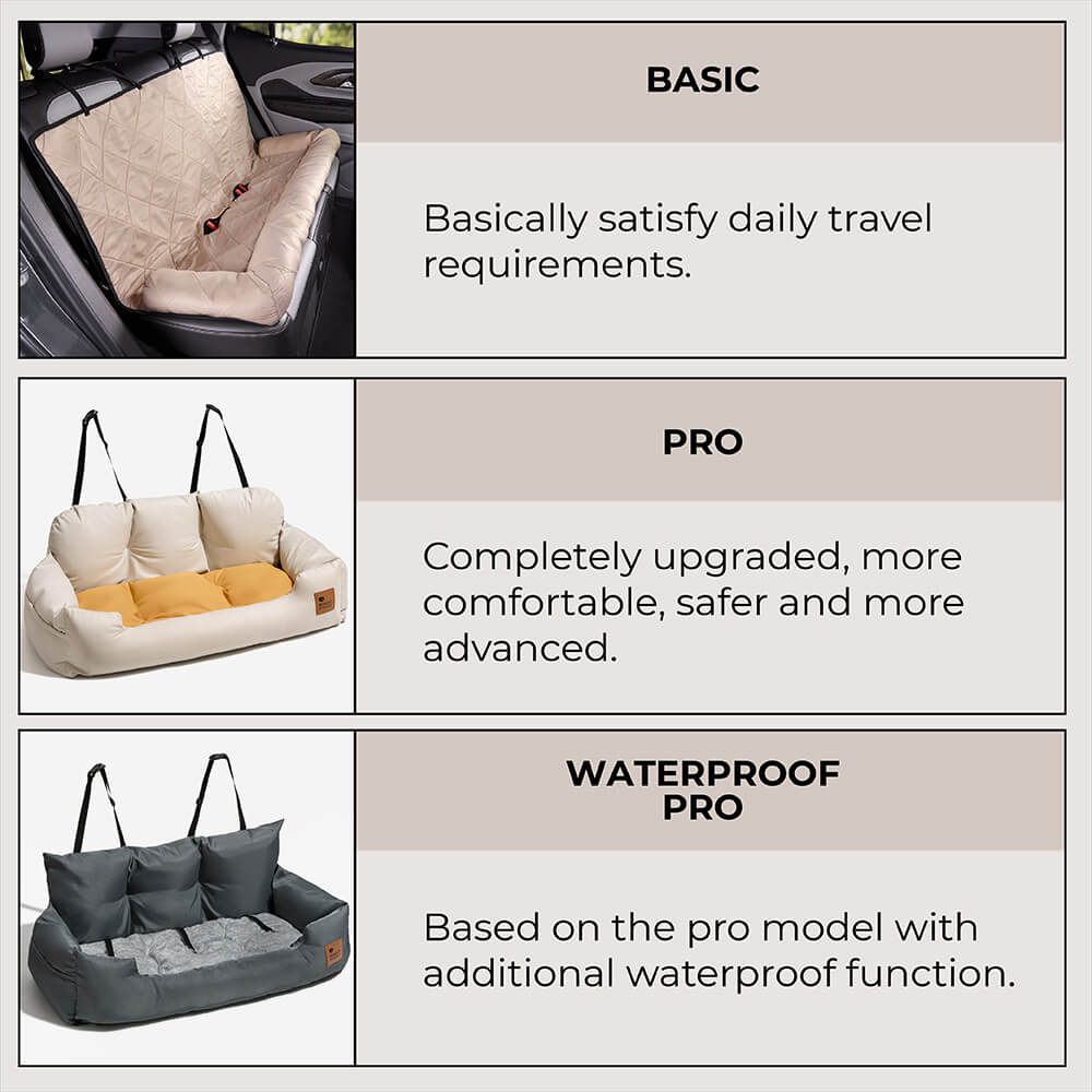 Waterproof dog car seat for back seat, medium pet travel bed, durable.