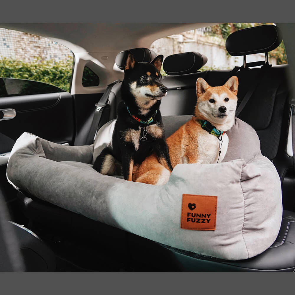 Black dog car back seat bolster bed, large, pet travel solution.
