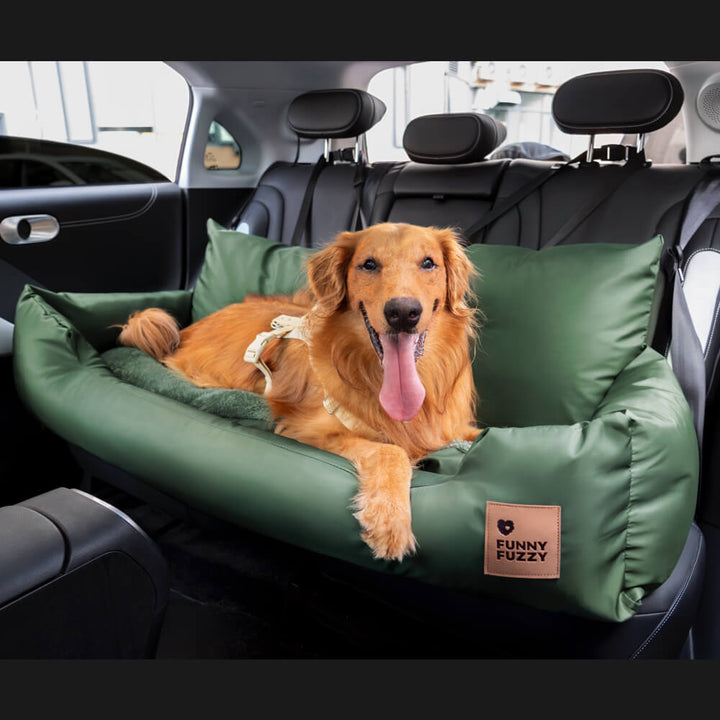 Dog car safety bolster bed, large, back seat, ensures pet security.