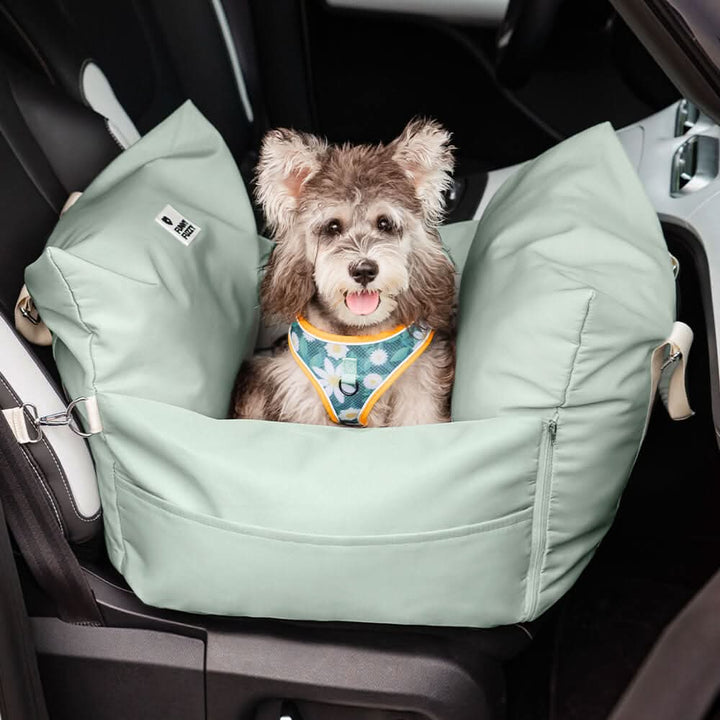 Durable dog car seat, pet booster with washable fabric, safety belt & non-slip base for travel.