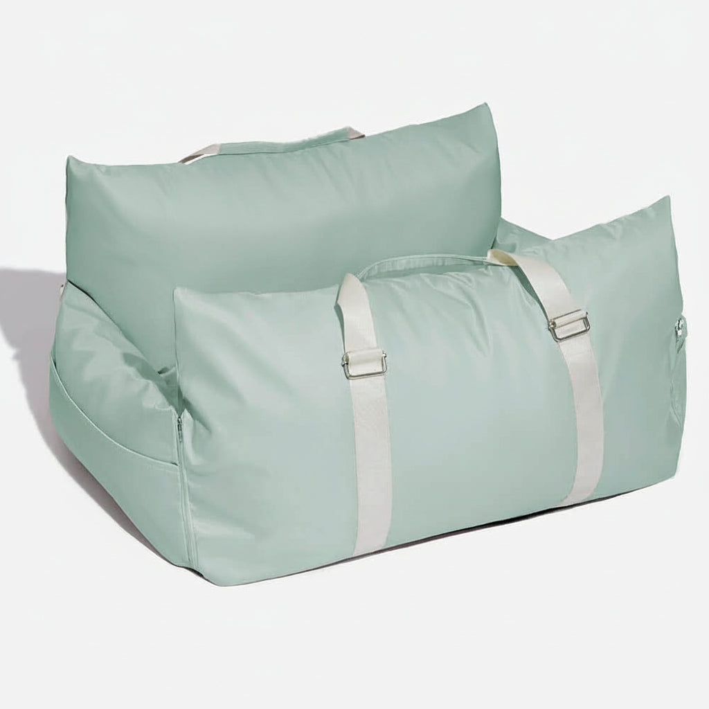 Small dog car booster seat with safety belt, non-slip base for secure and cozy journeys.