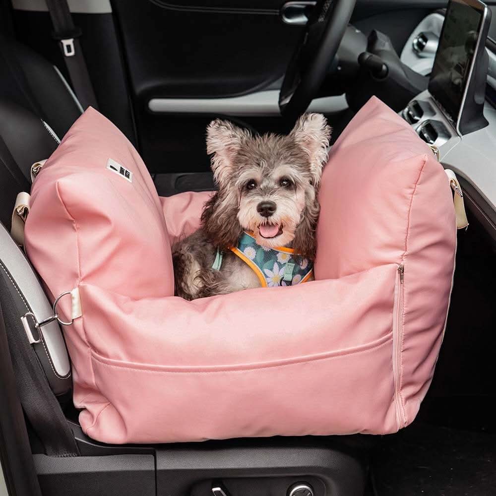 Side view of pet booster seat showing secure attachment points and comfortable design.