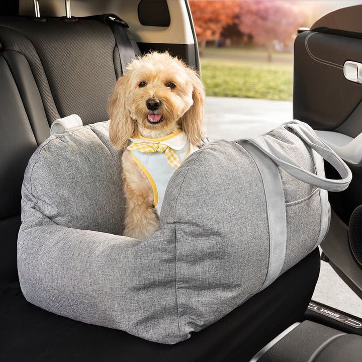 Journey-ready dog car booster seat, complete with a safety belt and non-slip stability.
