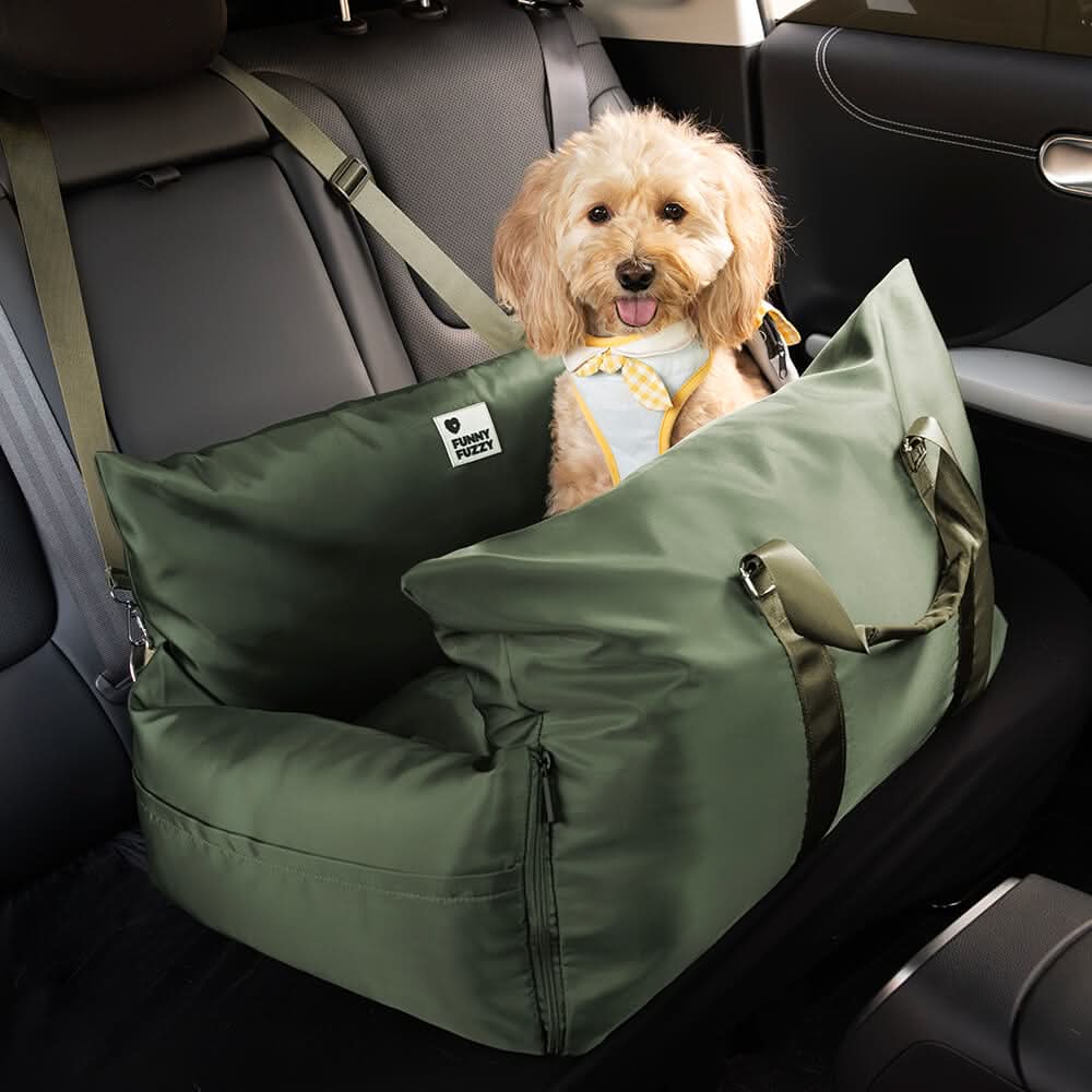 Secure and stable dog car seat, pet booster with a non-slip base and essential safety belt.