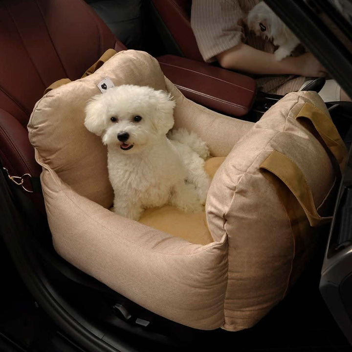 Washable dog car seat with adjustable safety belt, ensuring comfortable and safe pet travel.