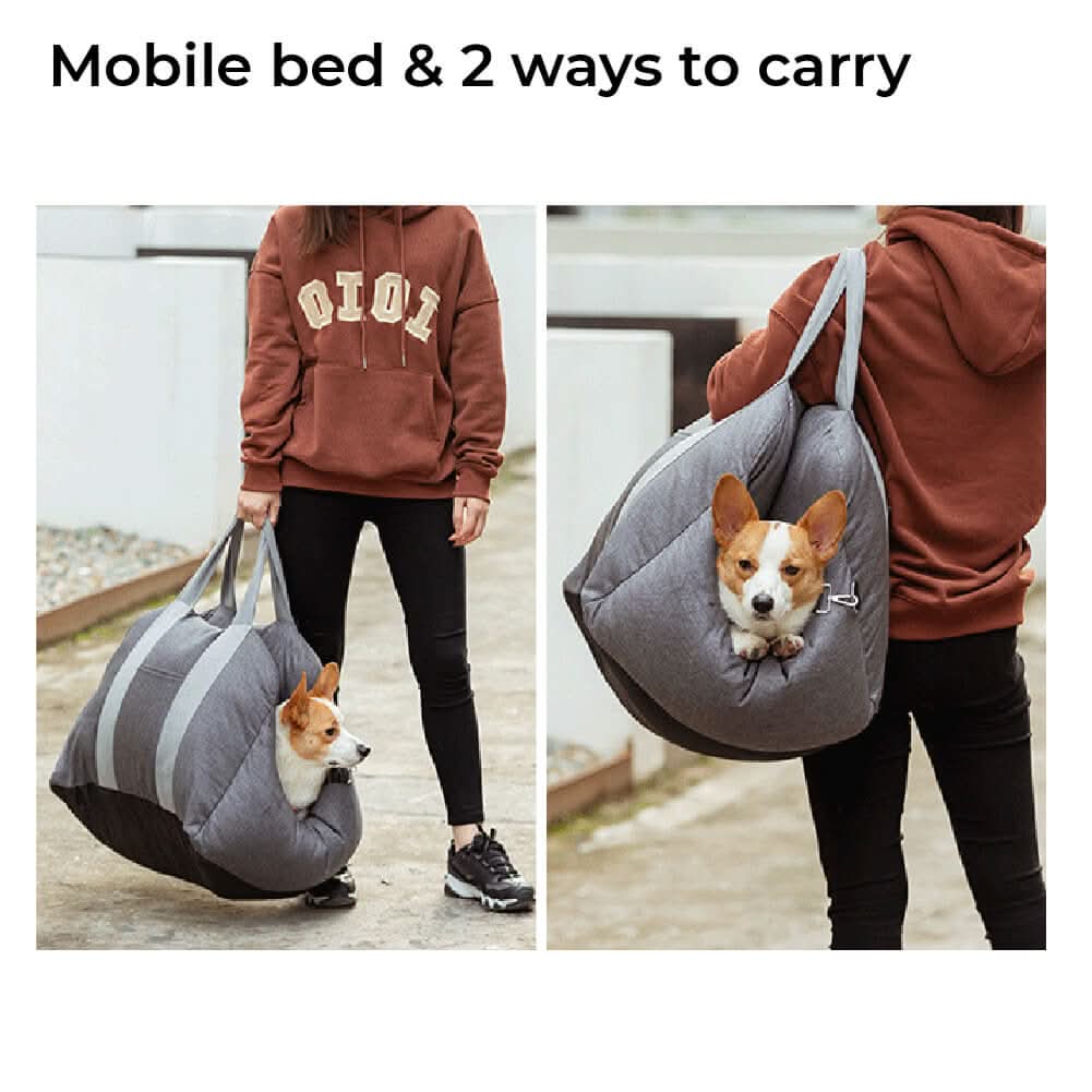 Pet accessories: Comfortable dog car booster seat with safety belt, ideal for safe car travel.