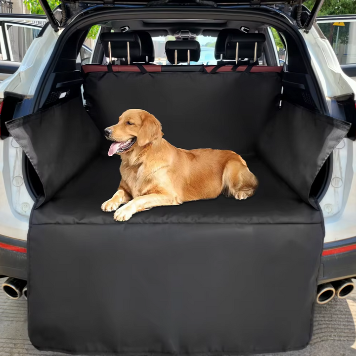 Waterproof dog boot protector with side panels, ensuring full coverage for car trunk and pet safety.