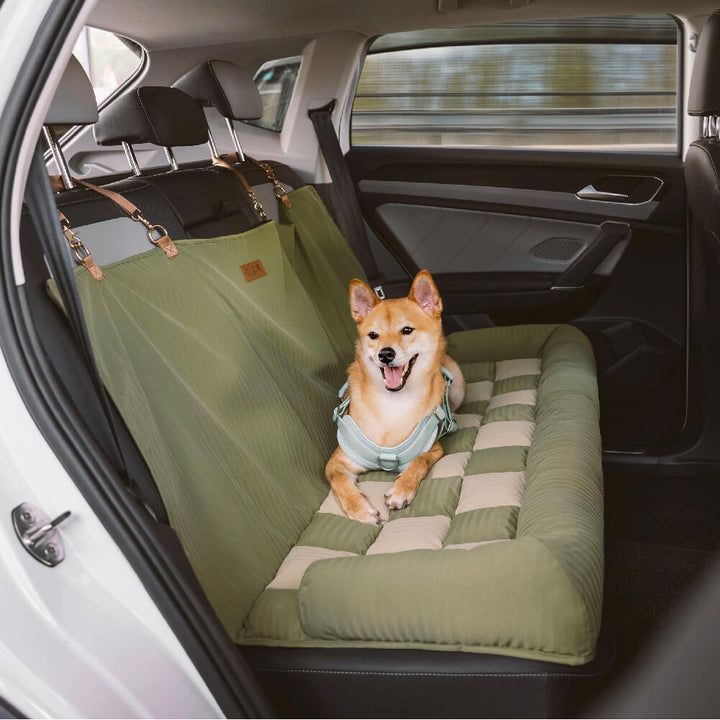 Dog car seat bed bolster for safe pet travel, back seat protector with safety clip