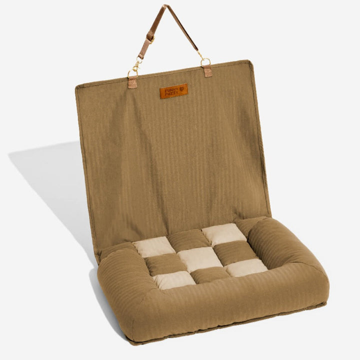 Grey dog car seat bed, soft and secure pet travel solution for a happy pup