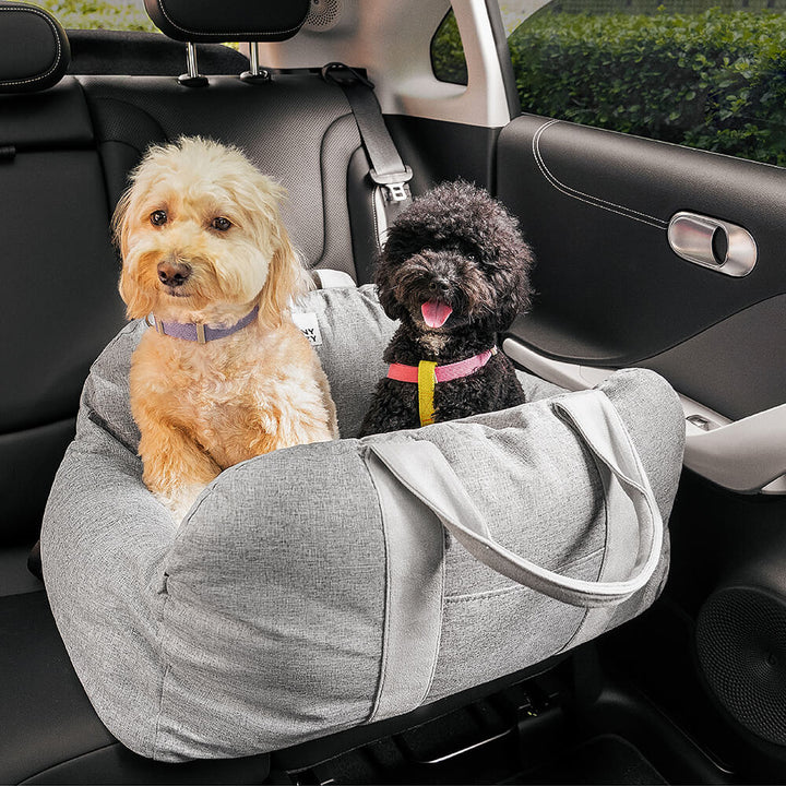 Comfort dog car seat booster, soft cushion, prevents motion sickness for pets.