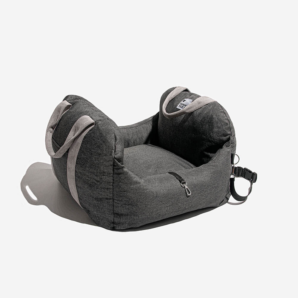 Pet car accessory, booster bed, provides a secure and elevated ride for dogs.