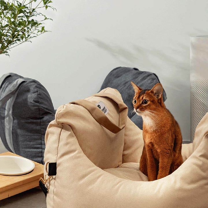 Small dog booster seat for cars, dark blue, with safety tether for security.