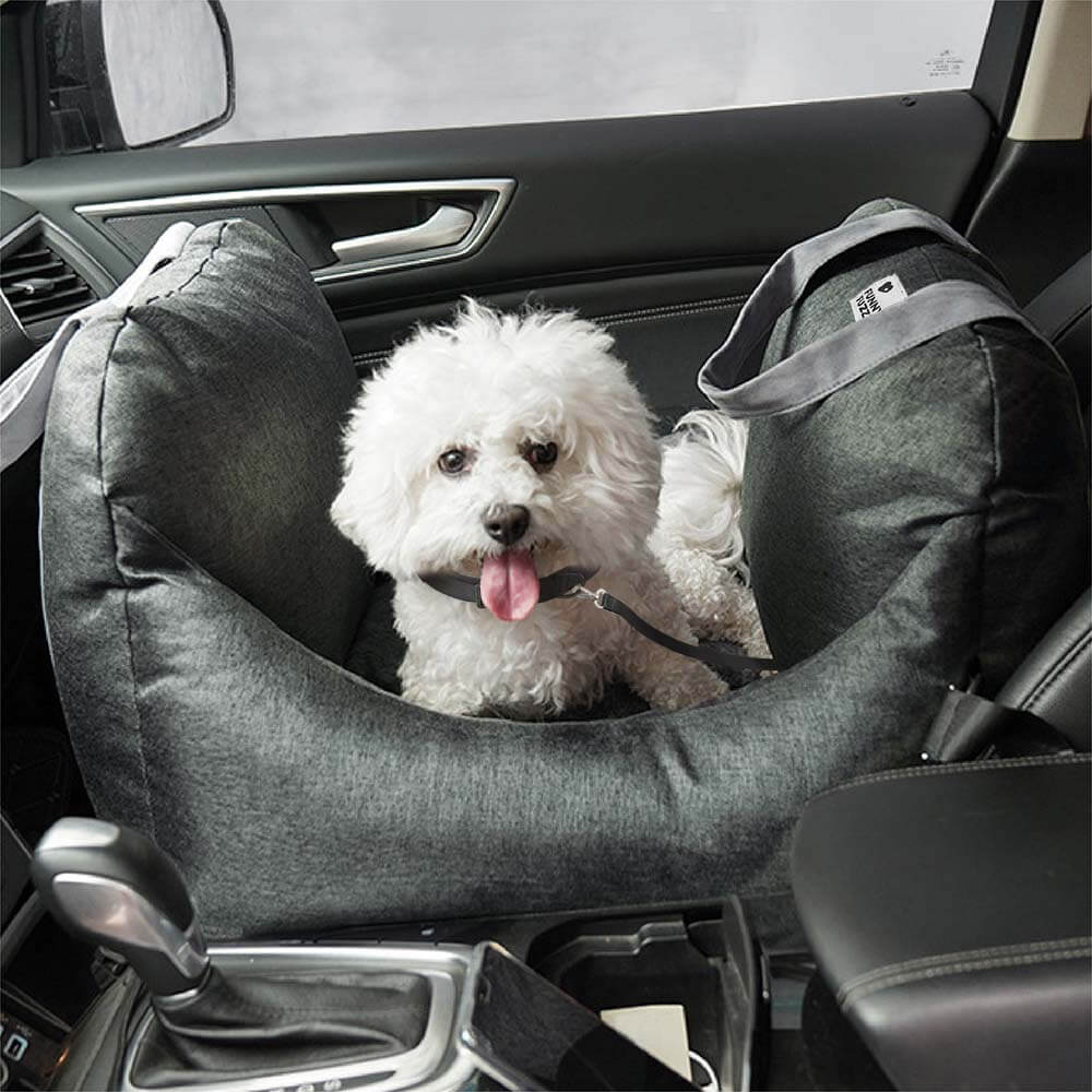 Portable pet bed car booster for medium dogs, washable fabric, enhancing pet travel safety.