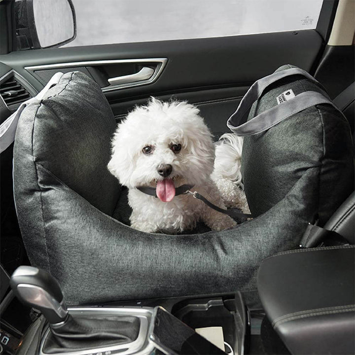 Portable pet bed car booster for medium dogs, washable fabric, enhancing pet travel safety.