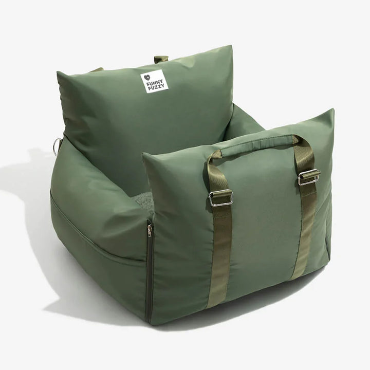 Pet travel booster seat for small dogs, elevated for window viewing pleasure.