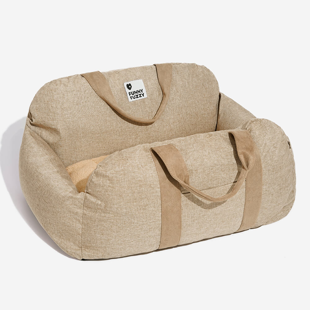Portable pet booster bed, ideal for road trips, ensures dog travel comfort.
