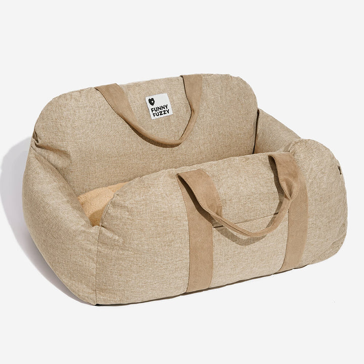 Portable pet booster bed, ideal for road trips, ensures dog travel comfort.
