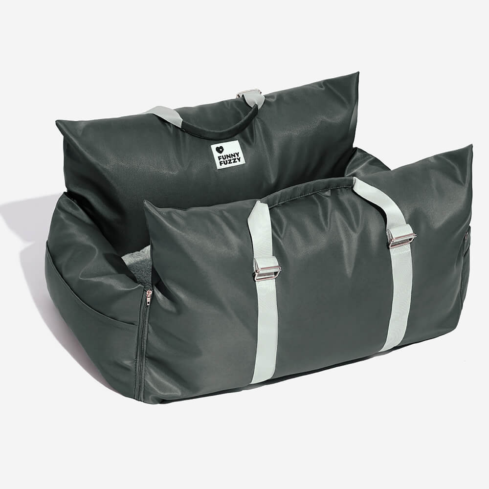 Dog car seat booster with side pockets, convenient storage for pet toys and treats.