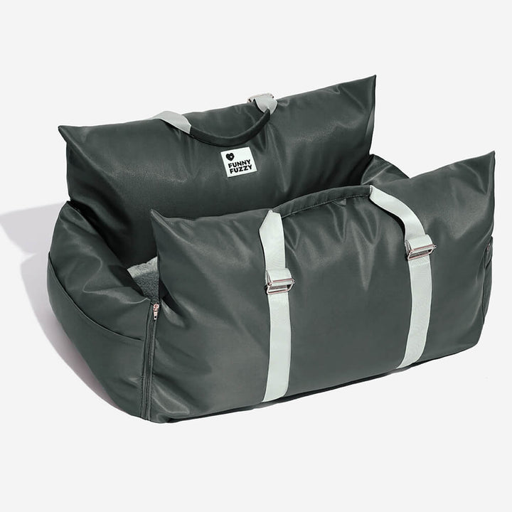 Dog car seat booster with side pockets, convenient storage for pet toys and treats.