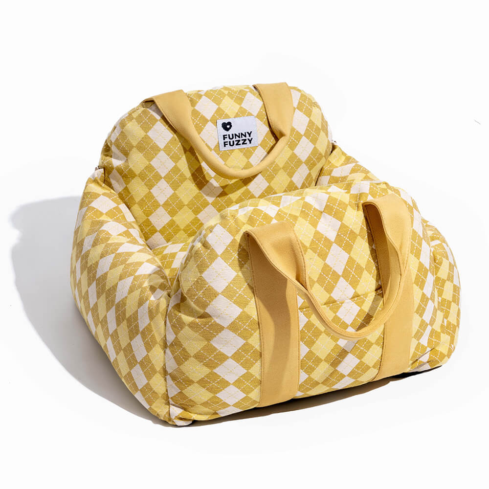 Portable pet bed car booster for small dogs, transforms into a flat bed.