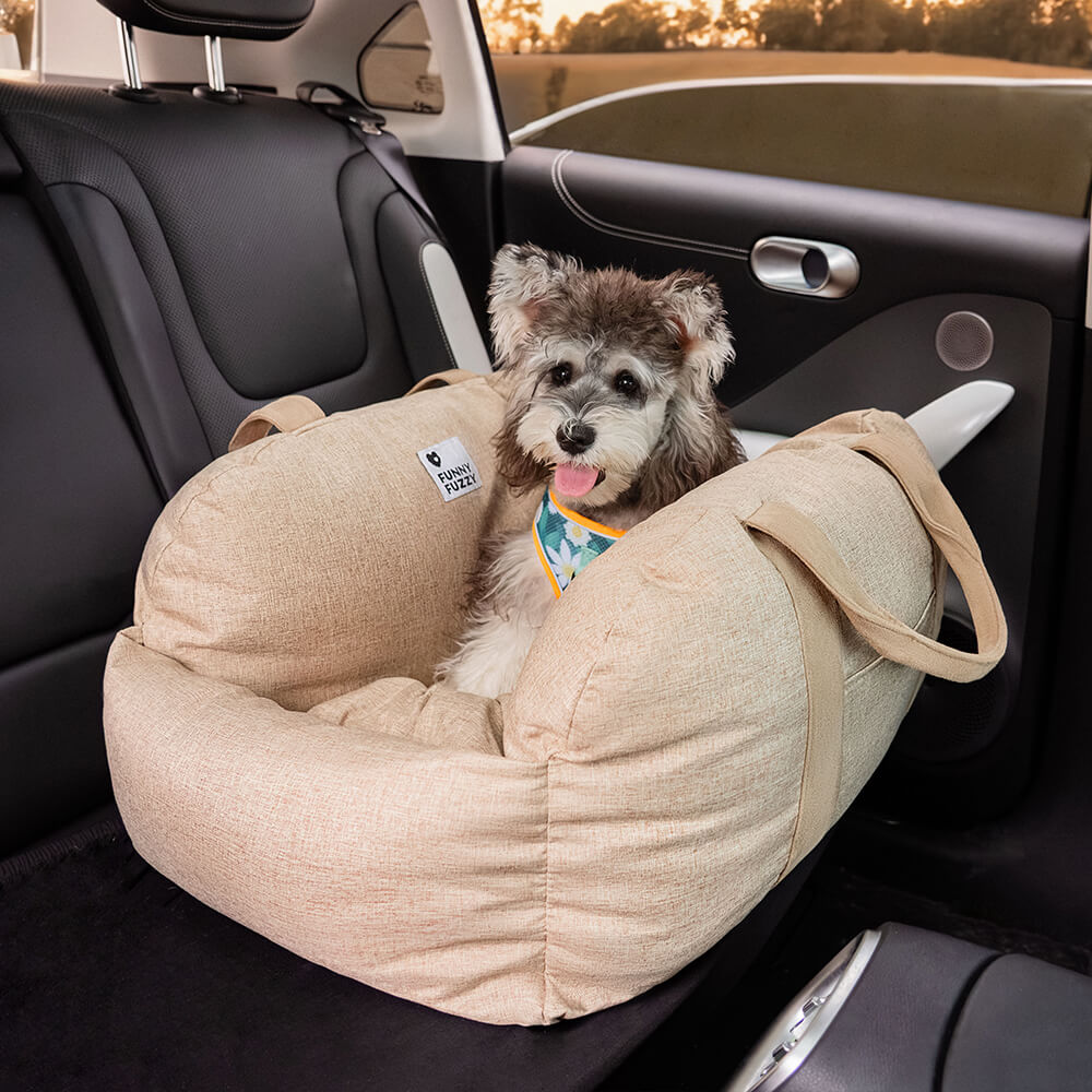 Comfortable dog car seat, shock-absorbing base, smooth ride for pets.