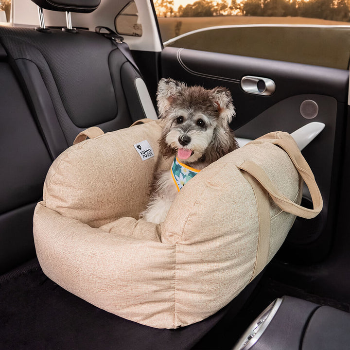 Comfortable dog car seat, shock-absorbing base, smooth ride for pets.