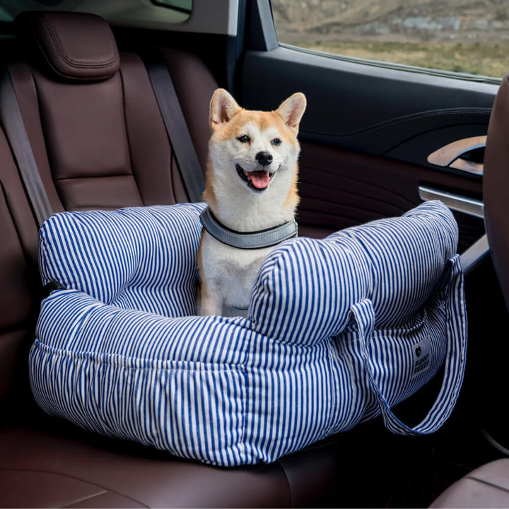 Dog car seat booster, grey, soft bolster edges, perfect for napping.