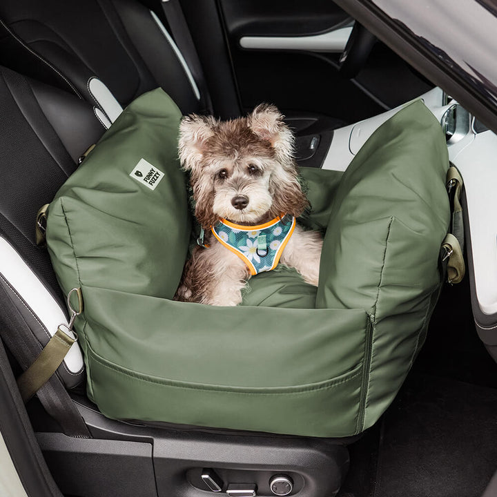 Portable pet car seat, converts to a carrier, versatile for travel.