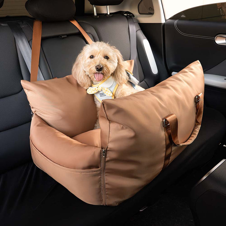 Dog car seat, grey, with soft, removable sheepskin lining for warmth.