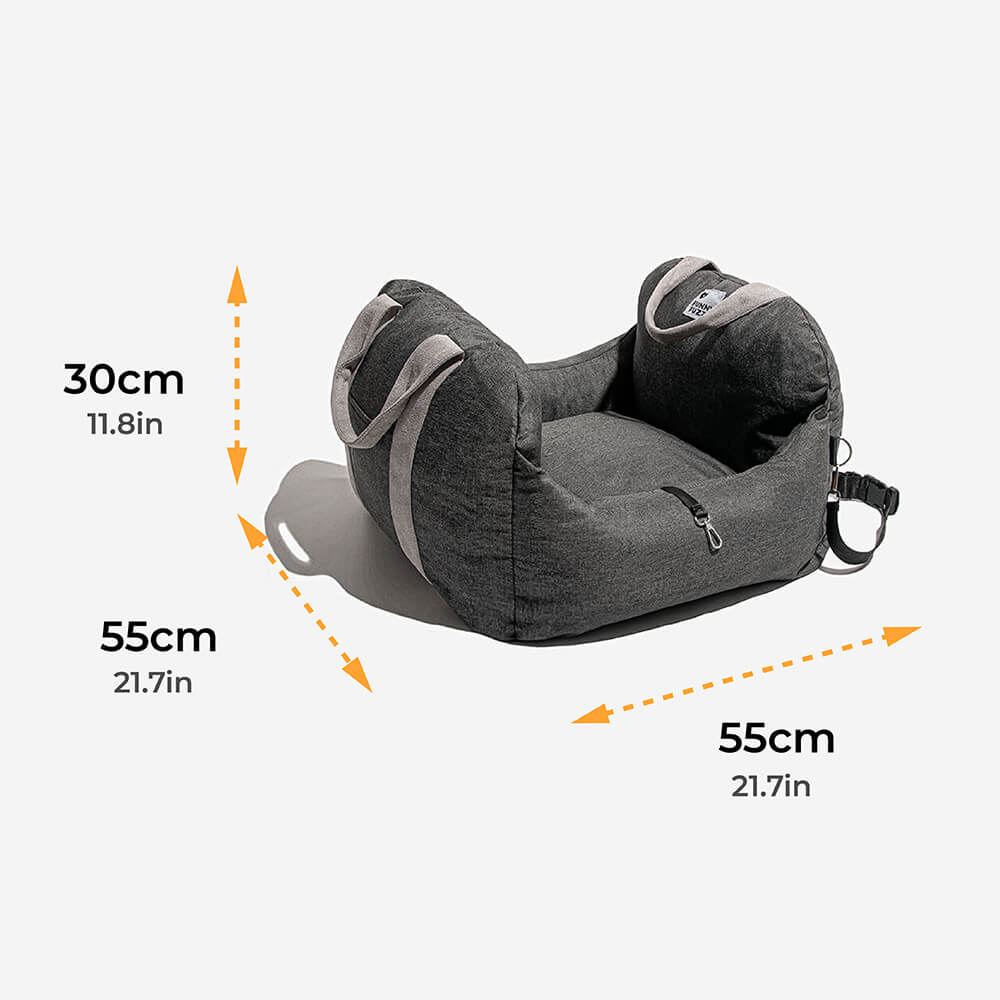 Small dog car seat booster with storage pockets, convenient for pet travel essentials.