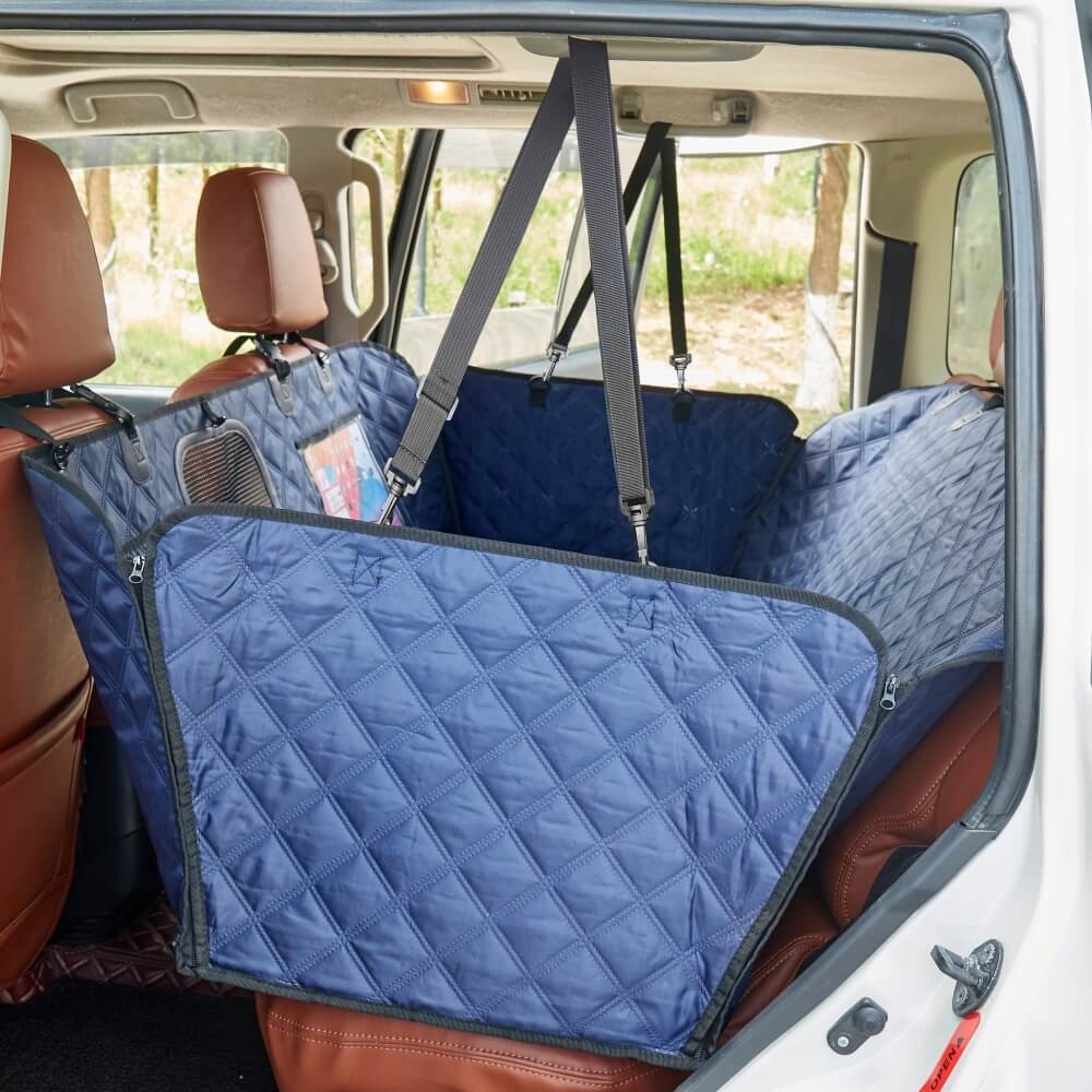 Waterproof car seat cover with mesh view for pets, protecting vehicle from dirt and scratches